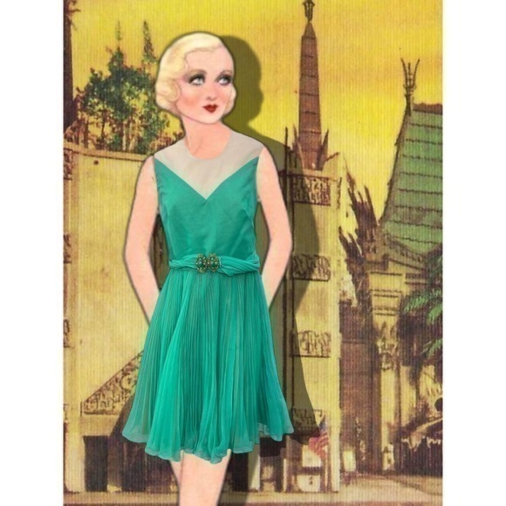 1930’s s Style Green Chiffon Mini Dress with Rhinestone Vintage Jack Bryan